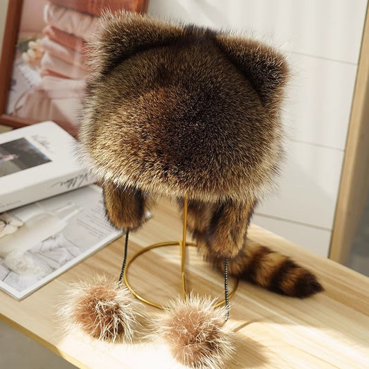 Little raccoon ear protection hat American raccoon fur leifeng overlord hat winter warm men and women and children environmentally friendly artificial fur hat KJ16