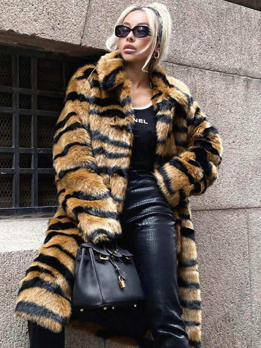 European and American autumn and winter new sexy leopard print long artificial fur eco-friendly women's coat suit collar hits the street KJ02