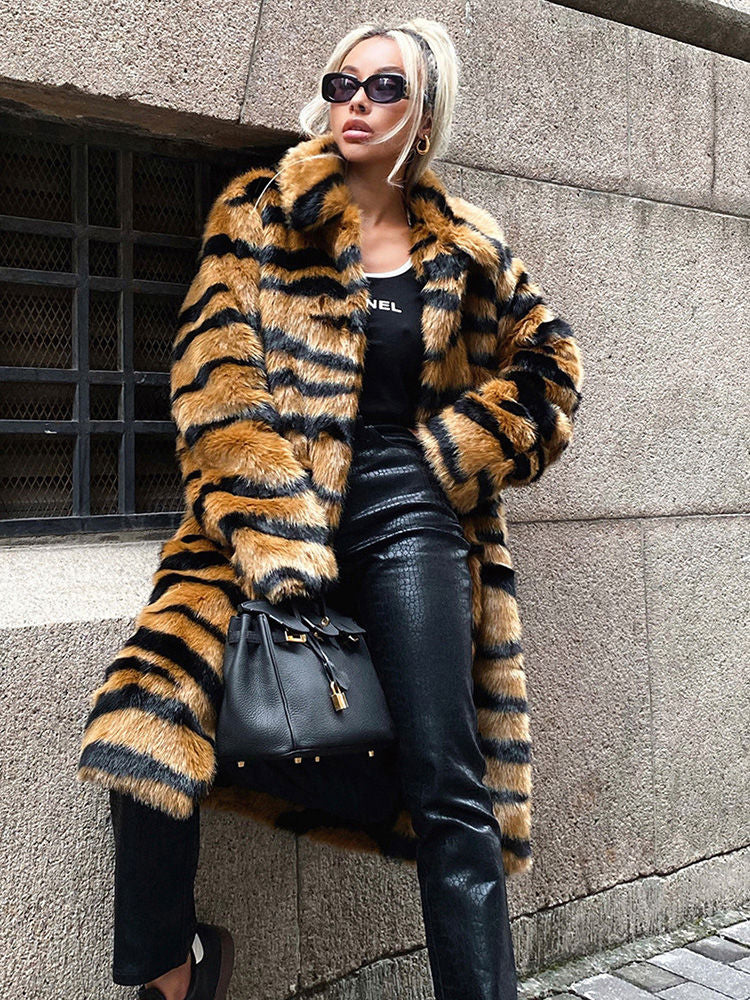 European and American autumn and winter new sexy leopard print long artificial fur eco friendly women s coat suit collar hits the street KJ02