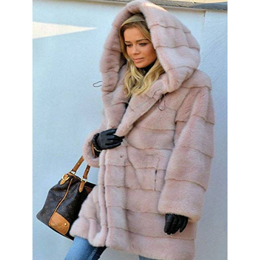 European and American autumn and winter classic artificial fur mid-length coat warm coat hooded rabbit fur KJ01