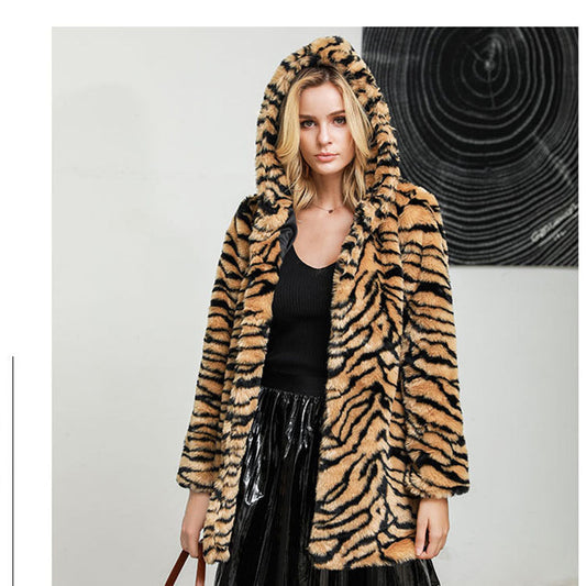 Leopard Print Faux Fox Fur Coat Women's Hooded Fashion Street Sexy Leopard Print Fluffy Faux Fur Coat KJ06