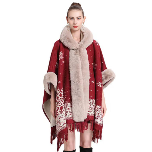 Christmas decoration autumn and winter fashion cloak shawl plus velvet thickened fur collar plaid hooded robe knitted shawl shawl KJ12