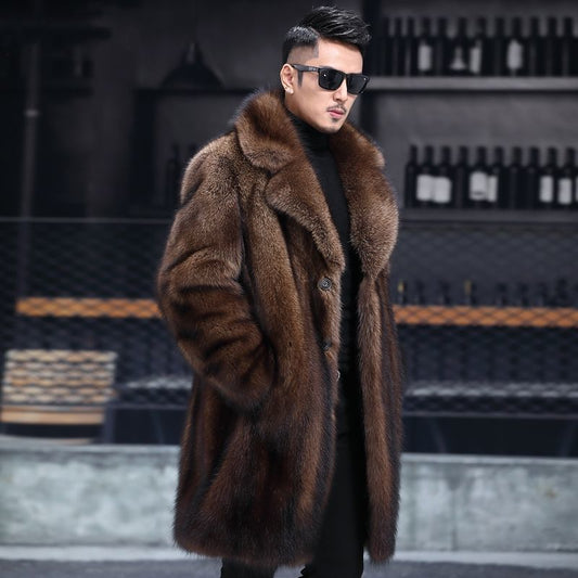 American old sable coat men's whole mink winter new thickened mid-length men's imitation fur eco-friendly artificial fur casual coat KJ39