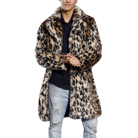 European and American men's leopard print fur suit coat, imitation rabbit fur long coat, artificial fur fashion autumn and winter new style S2018-09