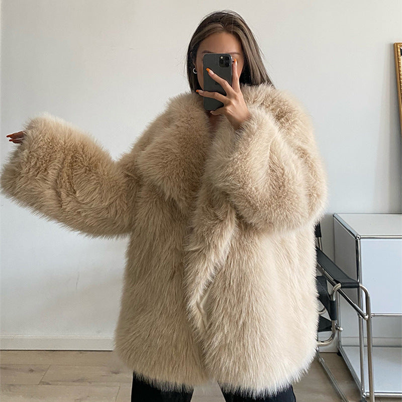 European and American autumn and winter new style lapel fur coats for women, artificial fur jackets, loose Korean style mid-length coats for women KJ40