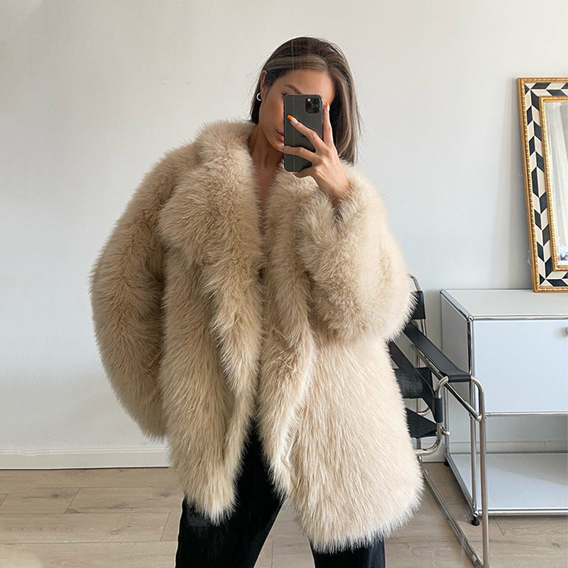 European and American autumn and winter new style lapel fur coats for women, artificial fur jackets, loose Korean style mid-length coats for women KJ40