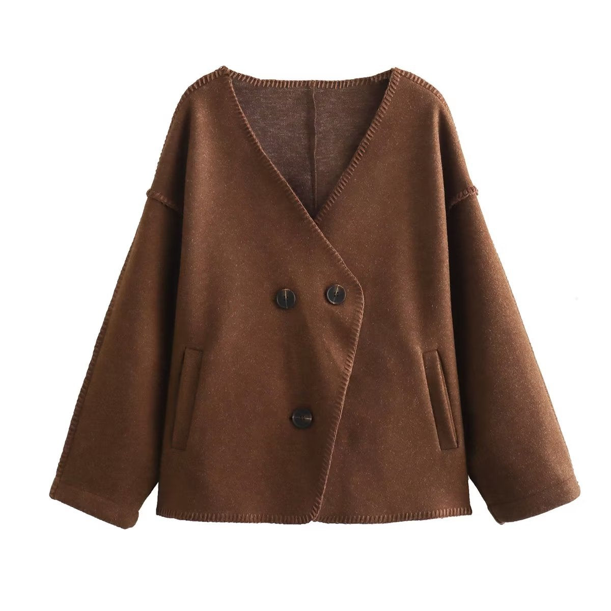 Women's European and American style autumn and winter new brown retro high-end French loose woolen coat for women B68628