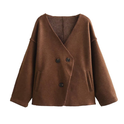 Women's European and American style autumn and winter new brown retro high-end French loose woolen coat for women B68628