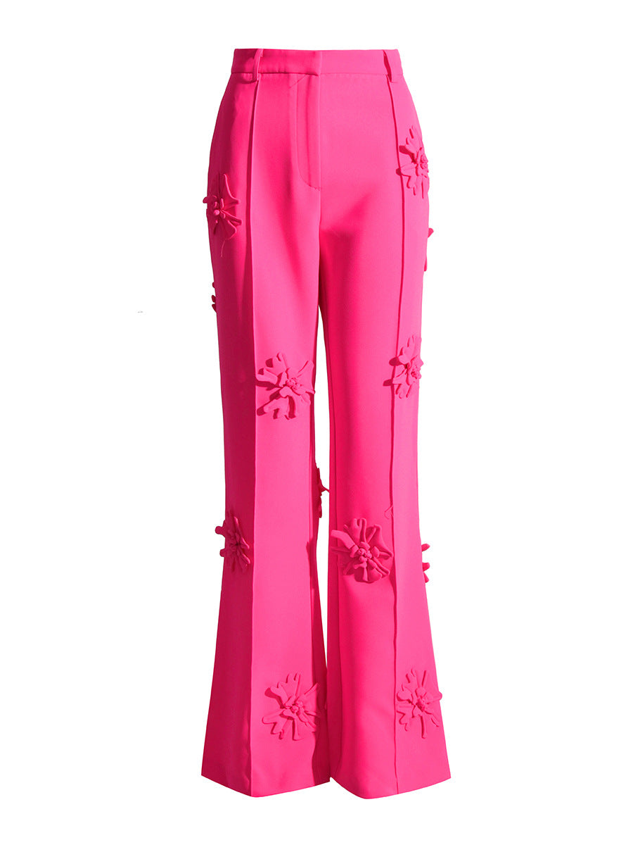 2024 new fashion brand double-breasted three-dimensional flower splicing suit + high-waisted flared pants two-piece women's suit