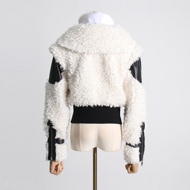 2024 spring new niche fashion design spliced pu leather short artificial wool lamb wool outer fashion jacket for women