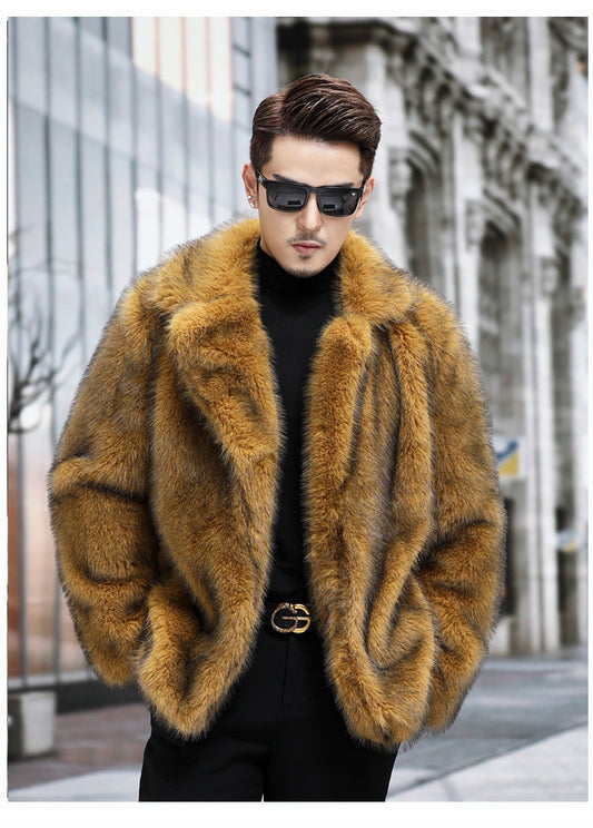 European and American winter new imitation fox fur suit collar men's jacket short eco-friendly artificial fur warm top KJ36